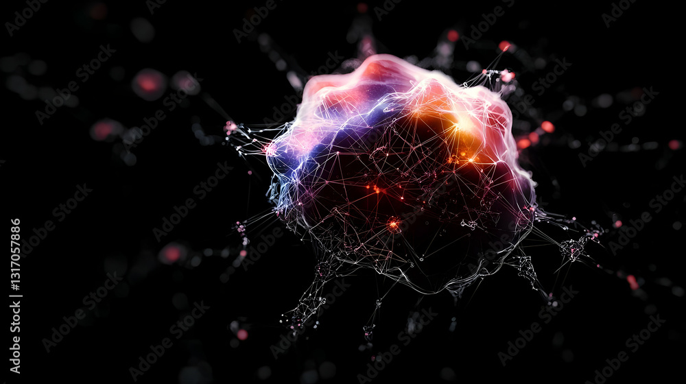 Poster 3d render of a glowing red and purple cell or microorganism on a dark background with network connec