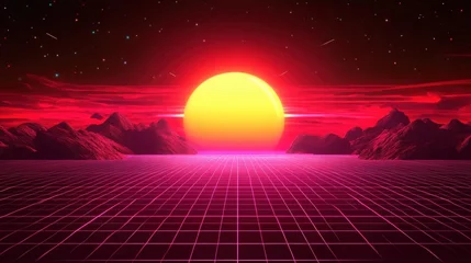 Vibrant sunset over a retro grid landscape with mountains and starry sky in the background © Tyrah
