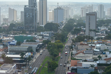 Aerial view of Campo Grande city at Afonso Pena Avenue region, with a light rain in the afternoon. Campo Grande MS Brazil.
