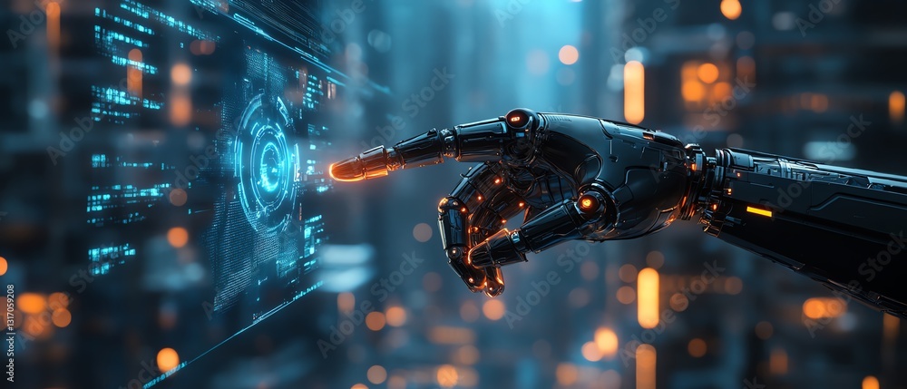 Poster advanced robotic hand engaging with a 3d holographic interface, glowing tech symbols floating in mid