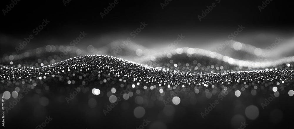 Poster abstract black and white waves with sparkling particles creating a serene atmosphere