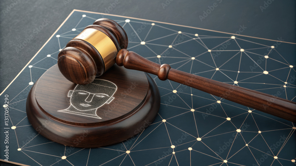 Poster judge gavel rests on wooden block featuring stylized face, symbolizing justice and technology. backg