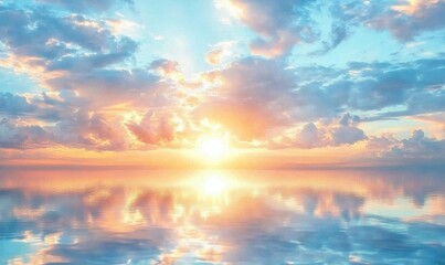 Vibrant sunset reflecting on calm ocean with colorful clouds