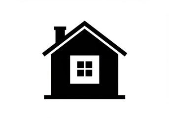 Obraz premium Simple house icon, black silhouette, white background, minimal design, geometric shapes, pitched roof, chimney, square window, front door, architectural symbol