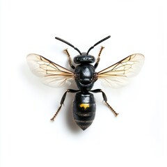 Detailed Black Wasp with Translucent Wings on White Background