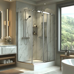 Modern corner shower with glass doors