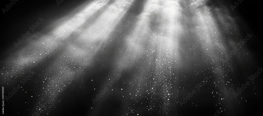 Poster ethereal light rays penetrate through dark clouds, illuminating particles in the air, creating a mys
