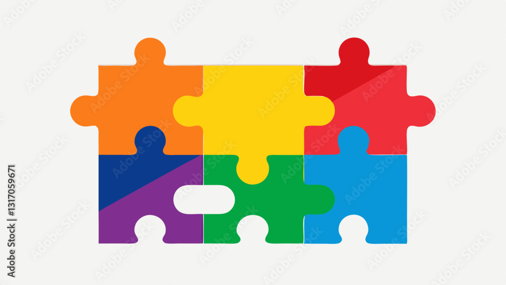 Poster puzzle pieces interlocking puzzle pieces in various rainbow colors symbolizing the integration and a