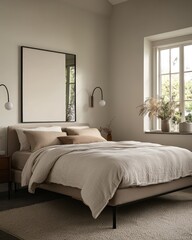 Bedroom interior design with neutral colors and textures natural light from window minimalist furniture and decorative elements