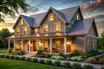 Hellgraue wood-slat siding graces this rustic farmhouse, a picturesque countryside home captured in architectural photography.