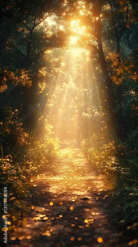 Poster sunlight filtering through trees in a serene forest, illuminating a tranquil pathway