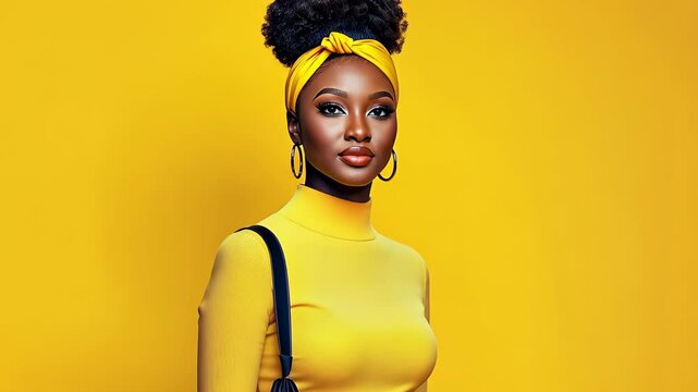 Stylish Black Woman in Yellow Turtleneck with Sling Bag Against Vibrant Yellow Background, Emphasizing Modern Fashion and Bold Colors