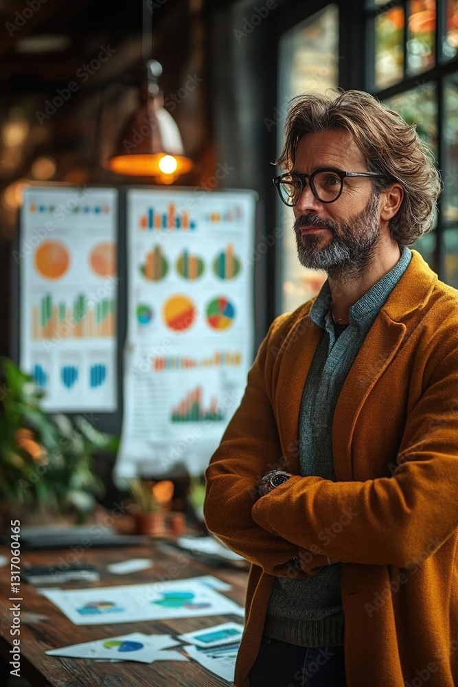 Poster thoughtful man in stylish sweater stands in office with charts and graphs on display behind him