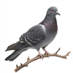 Fototapeta premium Gray Pigeon Perched on Bare Branch Against White Background