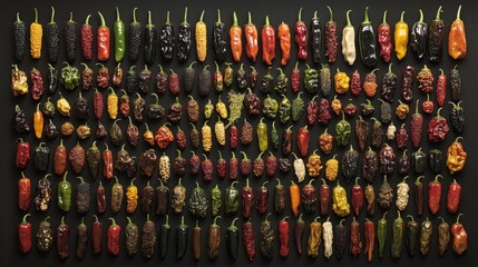 Fototapeta premium Diverse Chili Pepper Collection on Black Backdrop Aromatic Culinary Spices Vivid Colors Textures