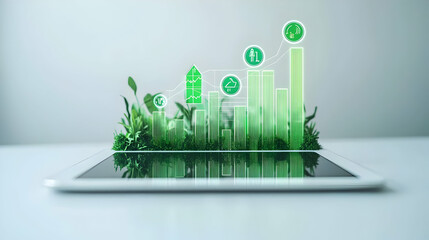 Green Finance Growth Illustrated By Glowing Green Bar Charts Emerging From Lush Green Grass On Tablet In White Background