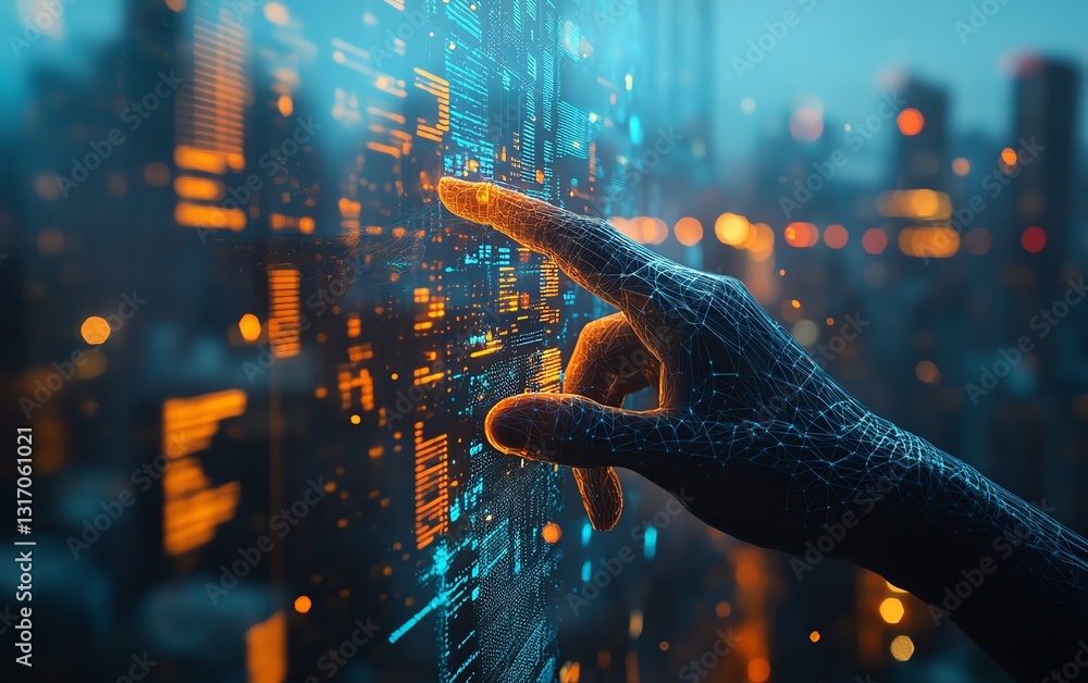 Poster futuristic cybernetic hand seamlessly navigating an interactive holographic display, aidriven data v
