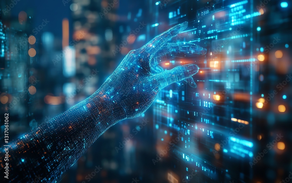 Poster futuristic cybernetic hand seamlessly navigating an interactive holographic display, aidriven data v