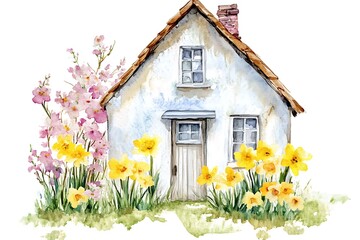 Watercolor cute cottage in illustrative collection art
