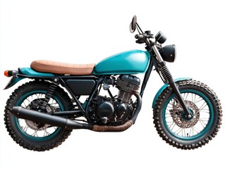 Light Blue Vintage Motorcycle with Brown Leather Seat on White Background