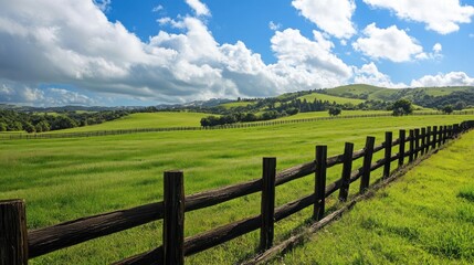 Idyllic landscape of rolling green hills under a sky with rustic wooden fence