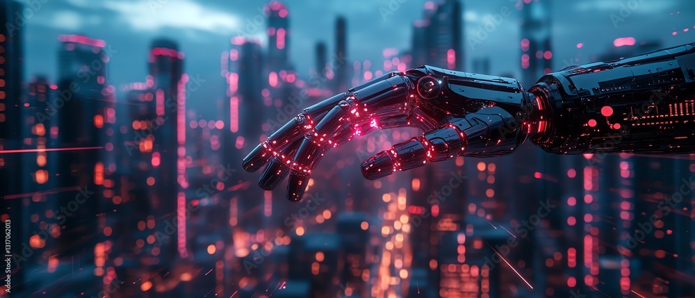 Poster futuristic scene of a robotic hand controlling a holographic interface, displaying hightech data pro