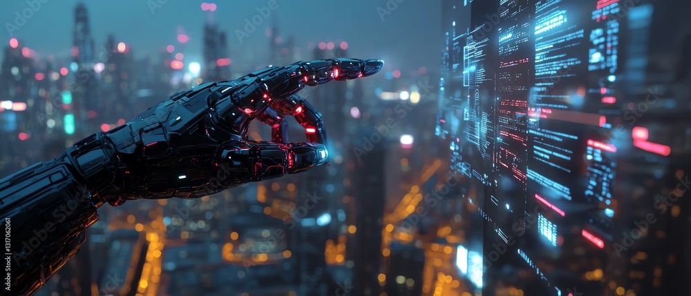 Poster futuristic scene of a robotic hand controlling a holographic interface, displaying hightech data pro