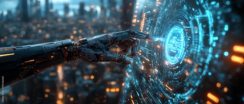 Poster futuristic technology visualization a robotic hand interacting with a dynamic holographic interface