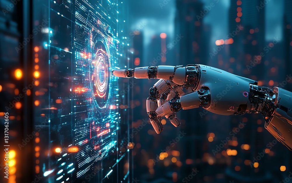 Poster highech robotic hand operating a glowing holographic display, visualizing technological advancements