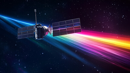 Solar sail satellite glides through space, surrounded by vibrant energy waves, symbolizing futuristic exploration.