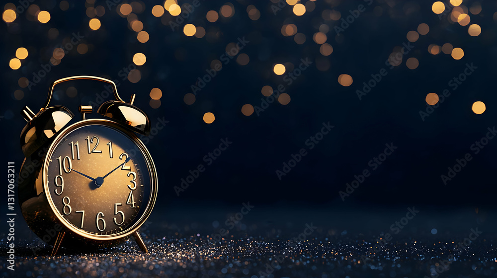 Poster golden alarm clock on glittering surface with sparkling bokeh lights in the dark background for new 
