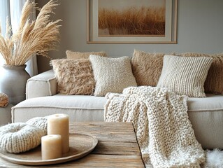 Cozy living room with neutral tones, textured cushions, and natural decor elements, creating a warm atmosphere
