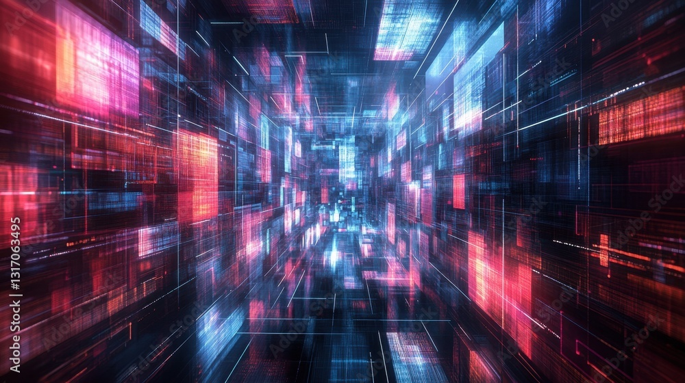 Poster abstract digital space with glowing red and blue lines creating a futuristic tunnel effect for techn
