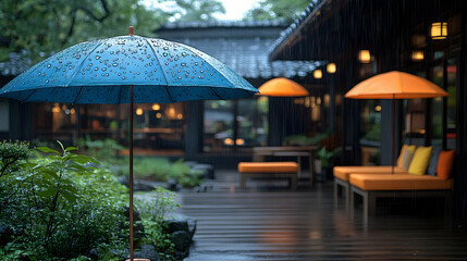 Rainy patio with umbrellas