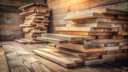 Obraz premium Rustic Wooden Planks Stacked in a Workshop, Ready for Construction Projects and Crafts