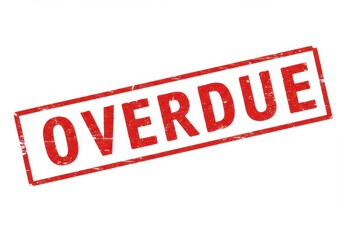 Red rubber stamp, " OVERDUE " text, bold letters, white background, distressed texture, rectangular border, urgency, official document, late payment,