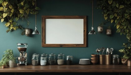 Wooden Countertop with Jars and Coffee Maker beneath an empty Picture Frame with Plant Decor
