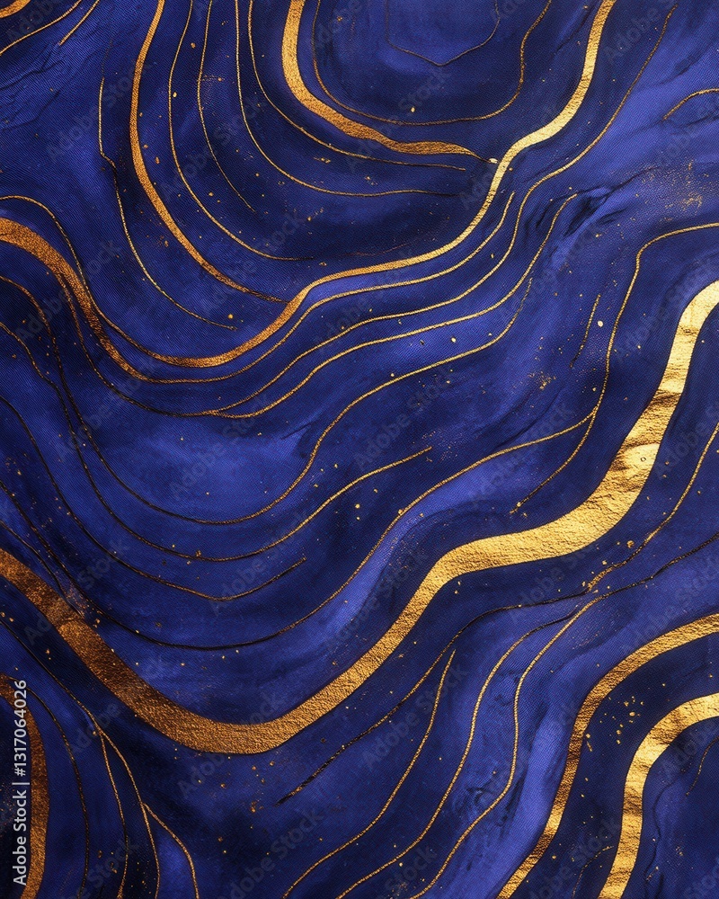 Poster elegant abstract design with flowing golden lines on a deep blue textured background creating a luxu