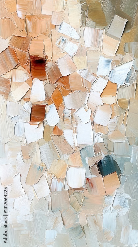 Poster abstract impasto painting featuring a textured surface with neutral tones and warm hues creating a m