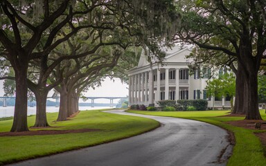 Fototapeta premium Mississippi River, Southern Mansion Pathway at Misty River