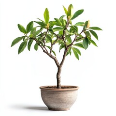 Small Green Bonsai Tree in Brown Pot Against White Background