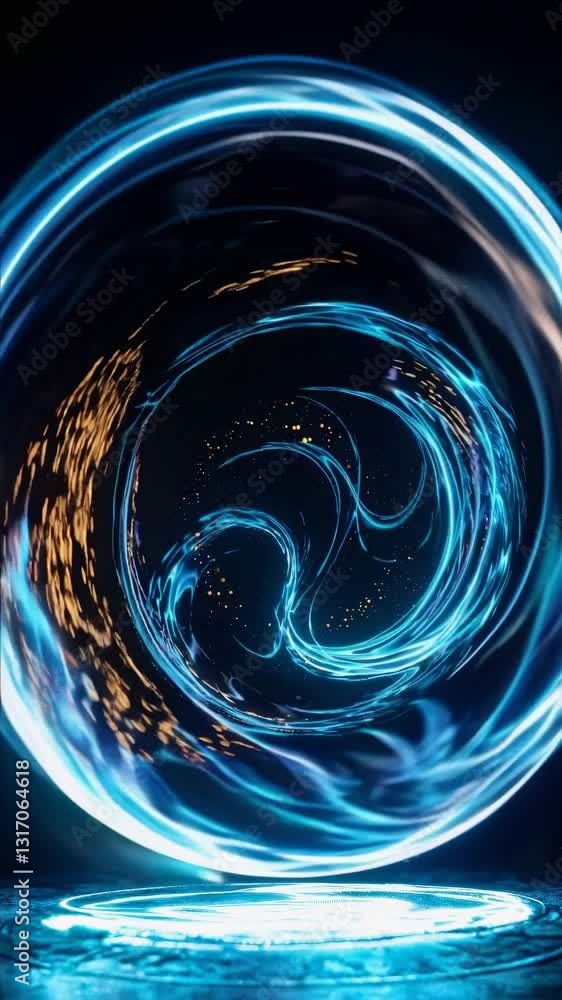 Poster luminous vortex gateway pulses with energy. neon blue light streams intertwine with dancing golden p