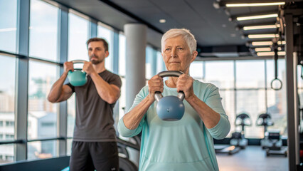 Older adult lifting kettlebells in gym with younger man. scene captures strength training and fitness in modern environment, showcasing determination and health