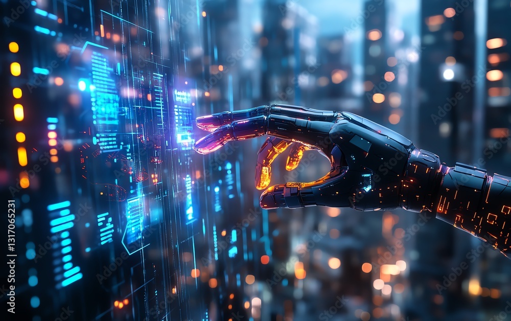 Poster robotic hand interacting with a glowing holographic interface, displaying advanced data projections,