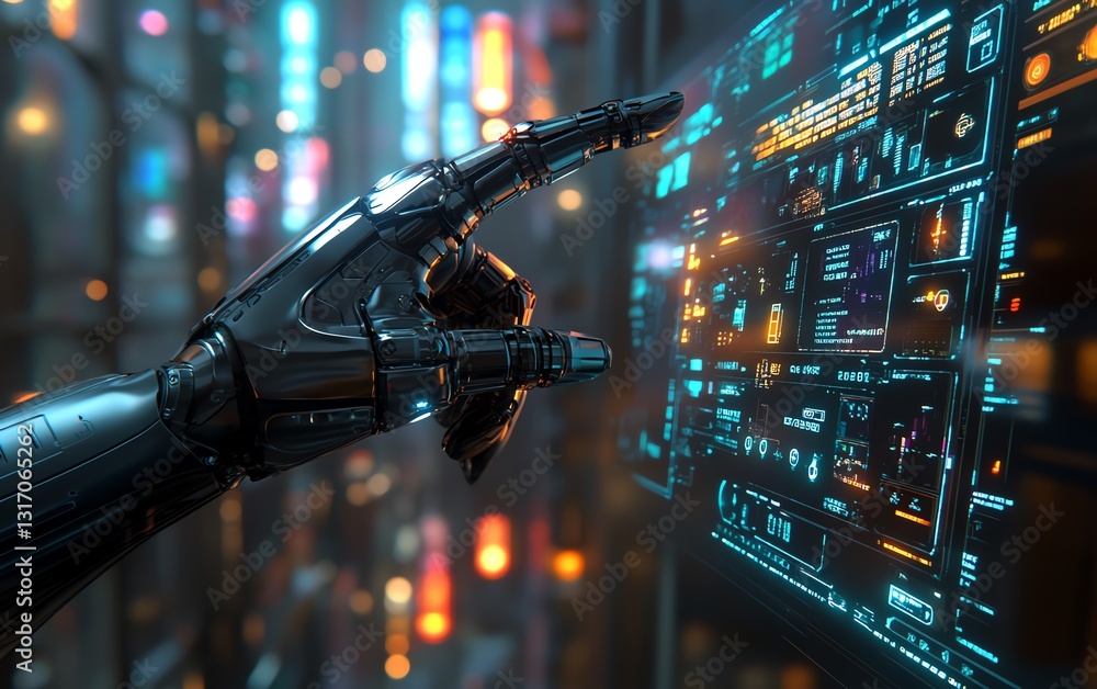 Poster robotic hand interacting with a glowing holographic interface, displaying advanced data projections,