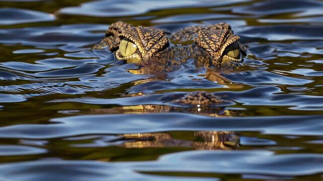 Nile crocodile surfacing menacingly through dark, murky water, revealing piercing eyes and textured nostrils amid rippling aquatic environment