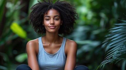 Young woman with curly hair sits peacefully in a lush green garden, exuding tranquility and confidence