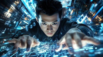 Young Asian Man Engaging with Futuristic Technology Concept
