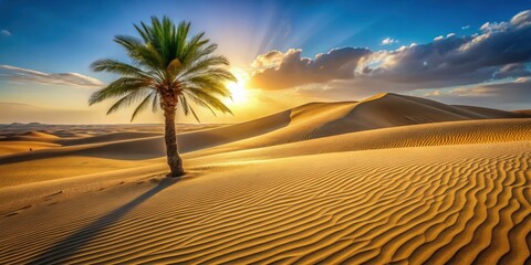 Serene Sunset over Golden Desert Dunes with a Lone Palm Tree Silhouetted Against the Vibrant Sky