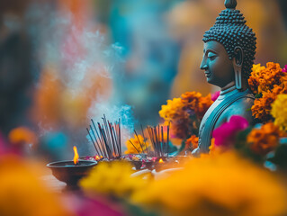 Obraz premium Photograph of a Buddha statue adorned with colorful flowers and incense sticks burning during Vesak celebrations